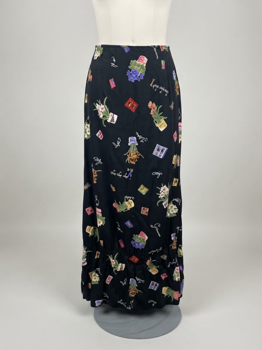 Hanna for La Journee Size 1 Black Floral Rayon Maxi Skirt Tiered Vintage USA